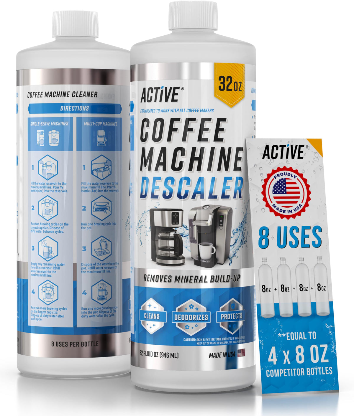 Botella ACTIVE frontal de 32 oz mostrando etiqueta y capacidad, limpieza eficaz