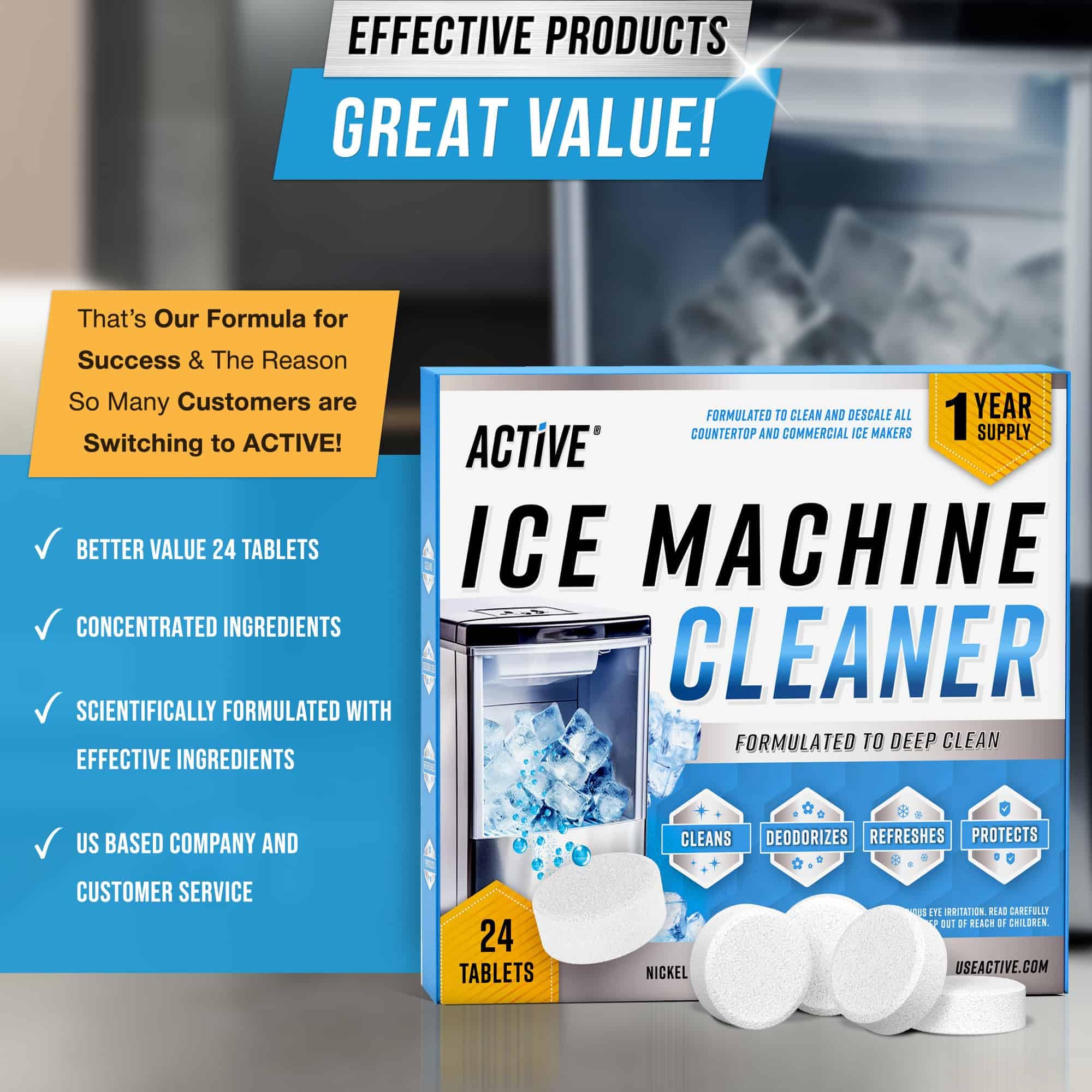ACTIVE hielo cristalino producido tras desincrustar la máquina, mejor sabor