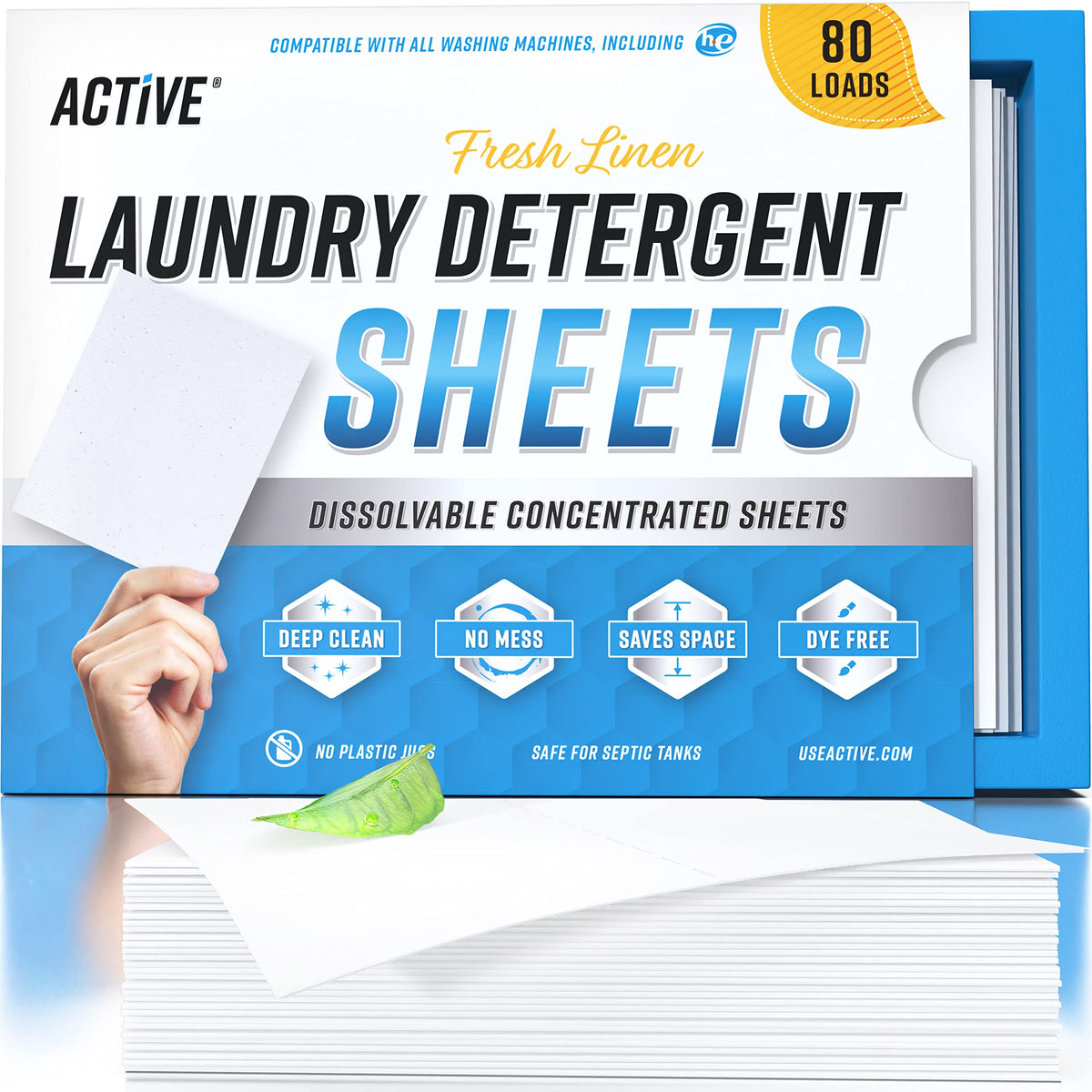 ACTIVE envase frontal mostrando 80 tiras, ahorro de espacio