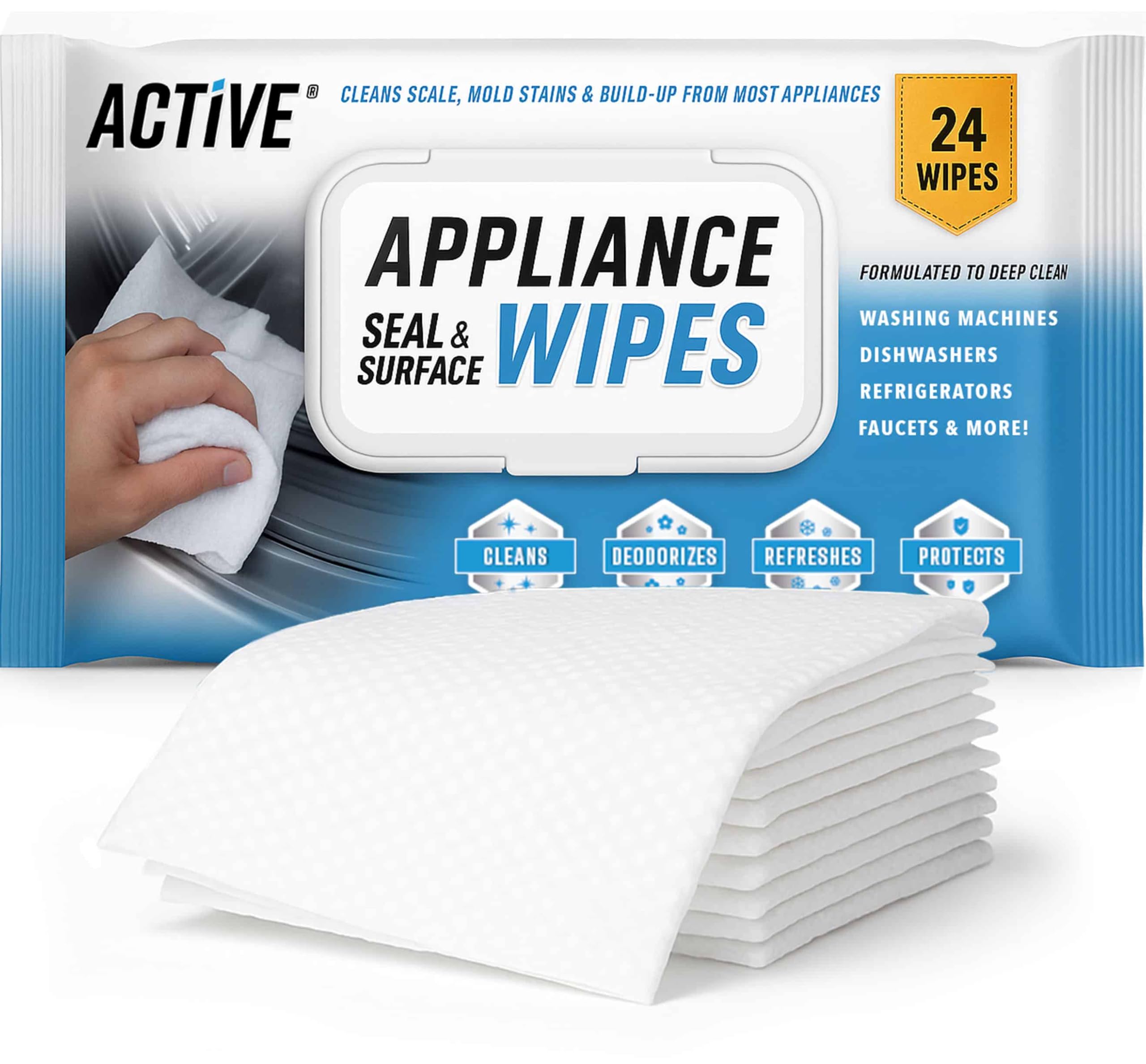 ACTIVE paquete frontal mostrando 24 toallitas para limpieza rápida
