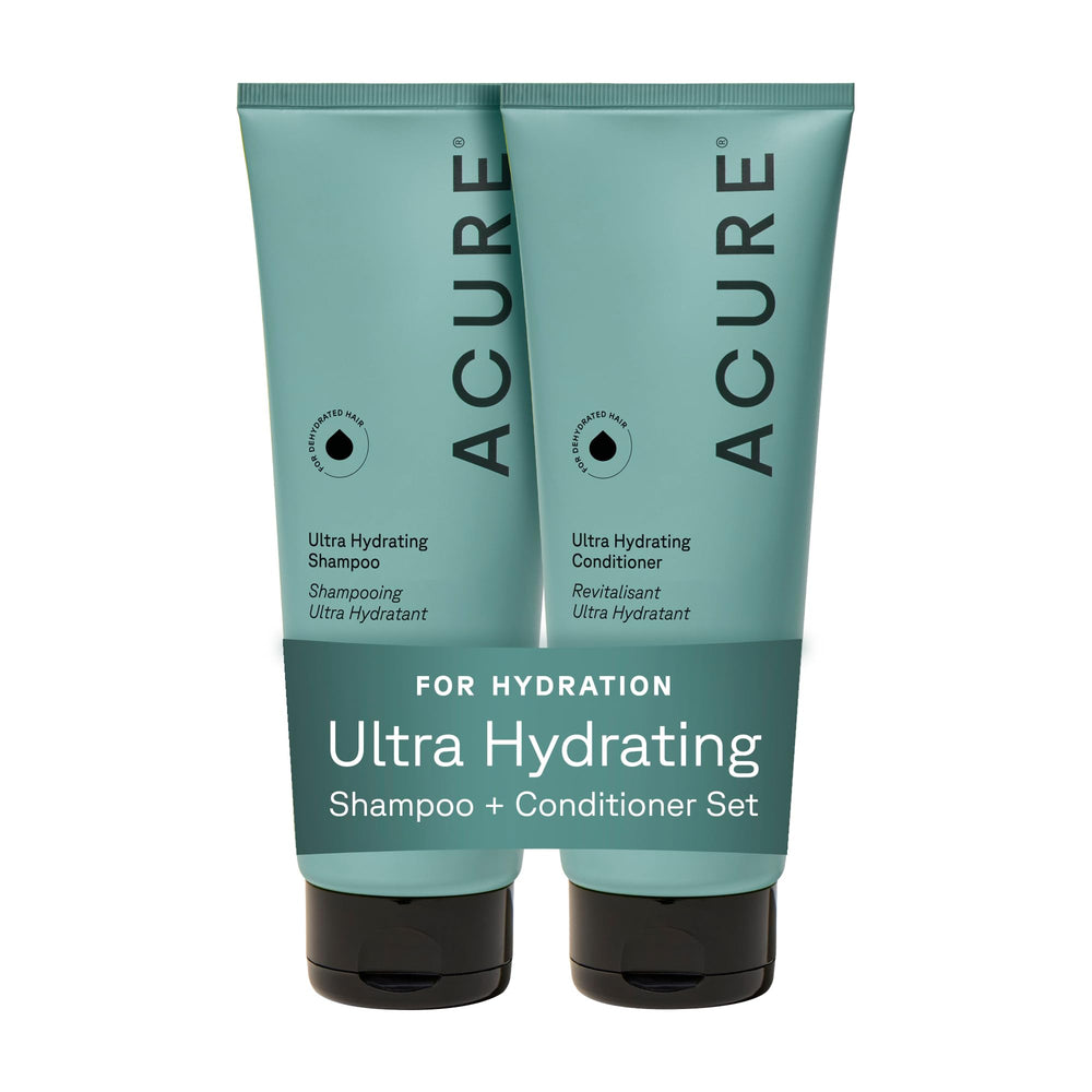 Acure frasco frontal del set ultra hydrating mostrando diseño y beneficio hidratante