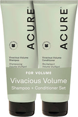 Acure set frontal mostrando botellas y beneficio de volumen ligero