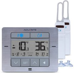 AcuRite pantalla frontal mostrando temperaturas y alarma, control claro
