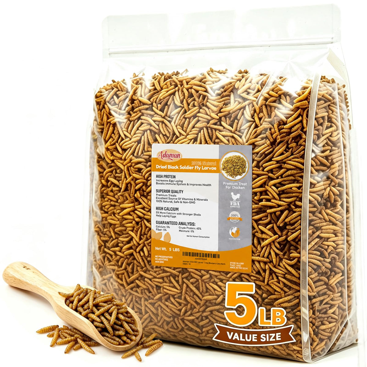 Adaman front packaging showing 5lb resealable bag and product benefits