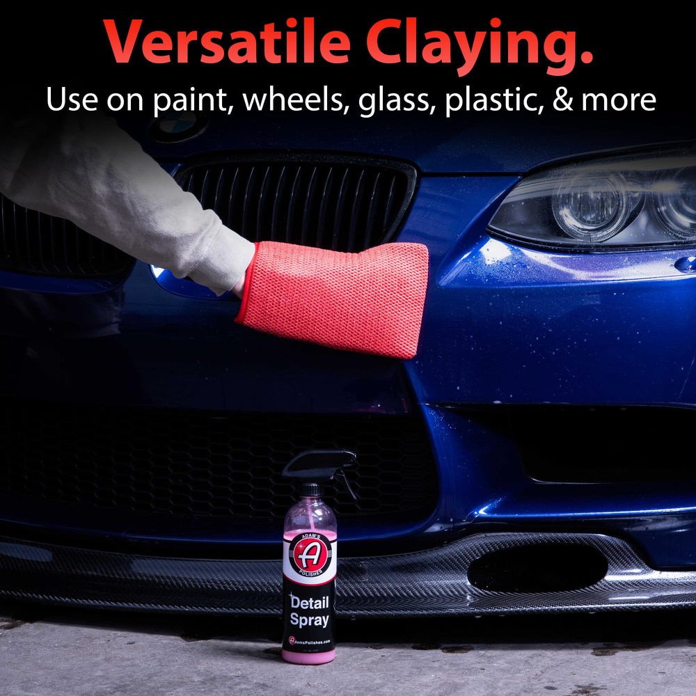 Adam's Polishes mitt packaging label highlighting medium grade clay and usage guidance