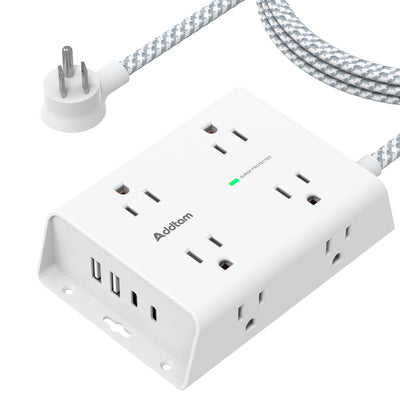 Addtam vista frontal con 8 tomas y 4 puertos USB para organización eficiente