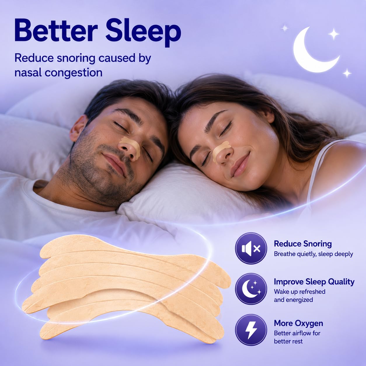 Adelbras tira aplicada en modelo durmiendo mostrando mejor respiración nocturna