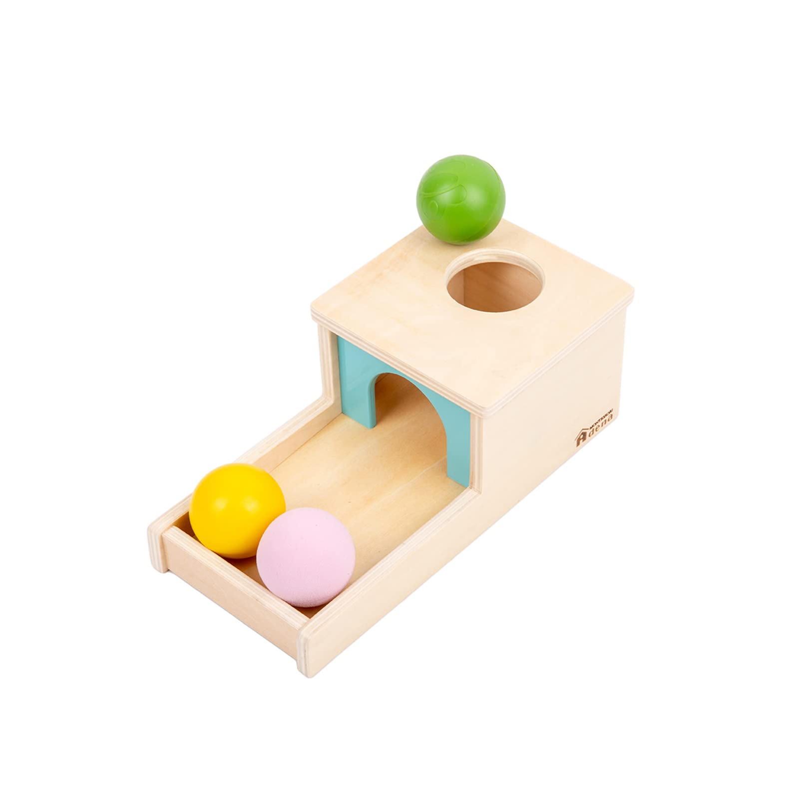 Adena Montessori caja frontal mostrando diseño y puerta, fomenta permanencia del objeto