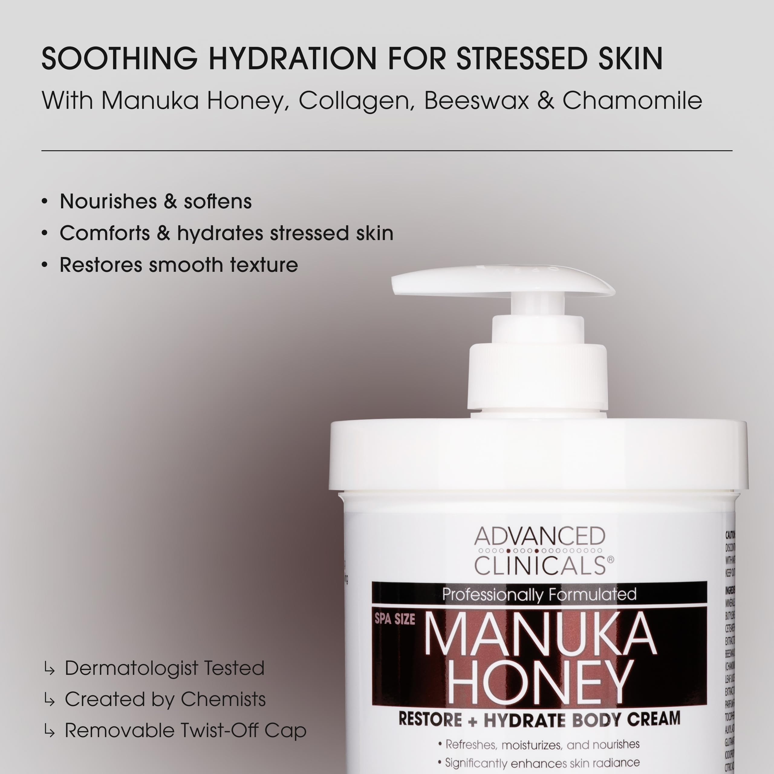 Advanced Clinicals textura cremosa de miel de Manuka visible, hidratación intensa
