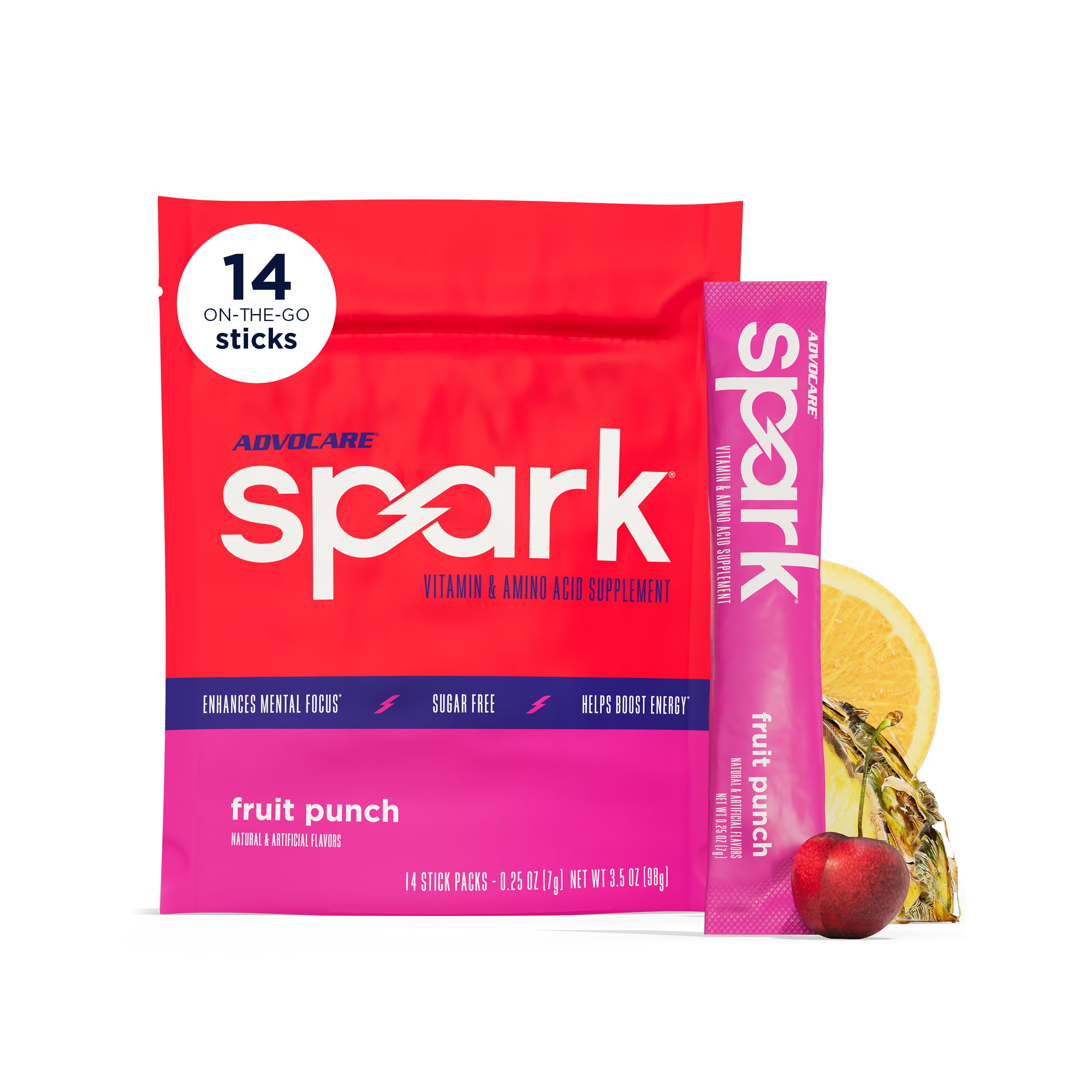 AdvoCare Spark frente del empaque mostrando 14 sticks y beneficio portabilidad