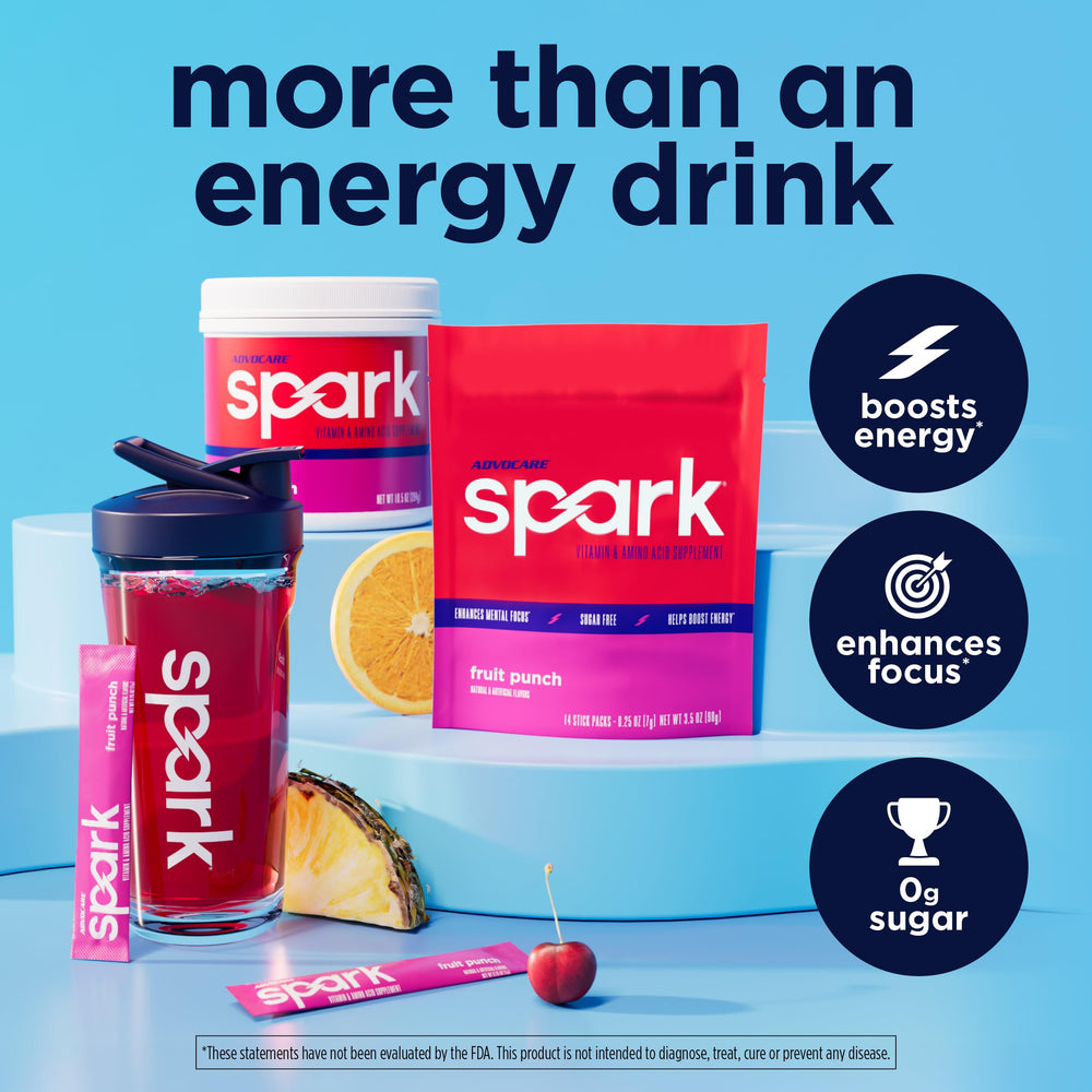 AdvoCare Spark vaso con bebida preparada resaltando energía y sabor Fruit Punch