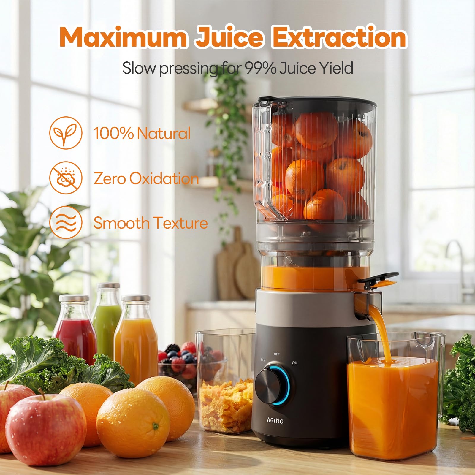 Aeitto exprimidor en uso sirviendo jugo para la familia, rápido y práctico