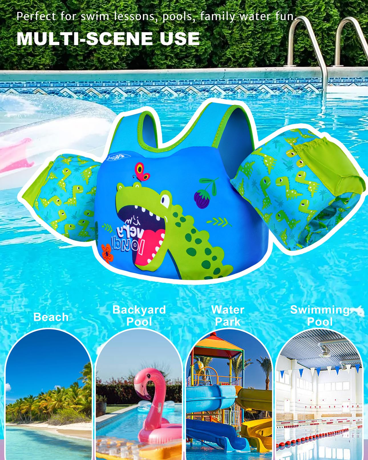 AEOCOO niño usando el chaleco en la piscina con movilidad natural