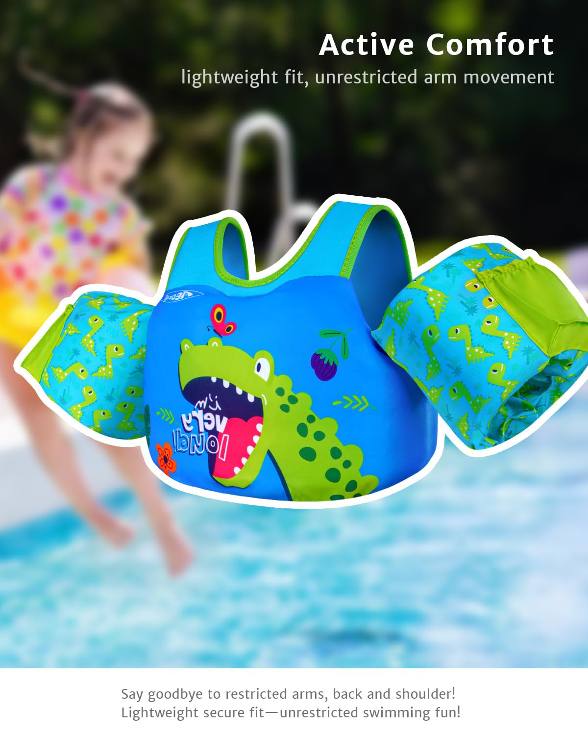AEOCOO chaleco puesto durante juego en jardín y piscina, aspecto alegre