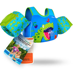 AEOCOO chaleco Puddle Jump frente con diseño dinosaurio y cierre seguro
