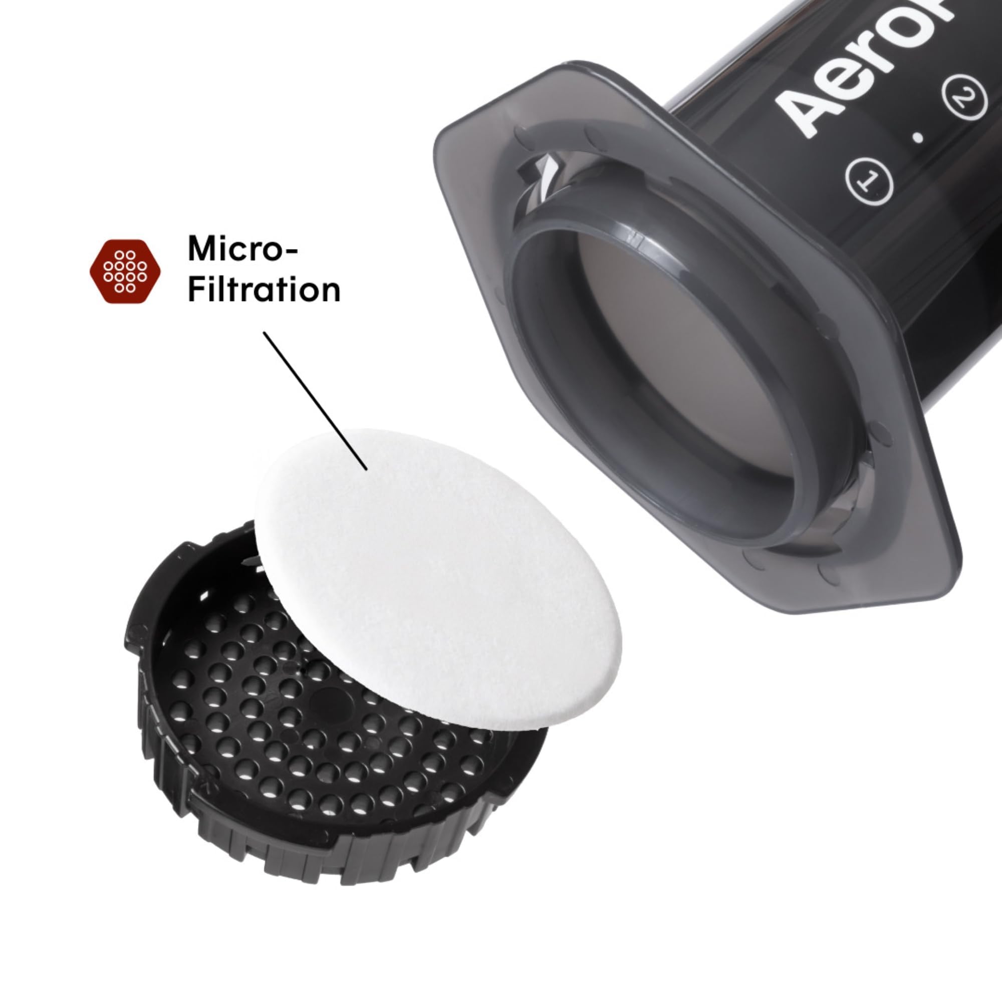 AeroPress primer plano del microfiltro, garantiza café sin posos