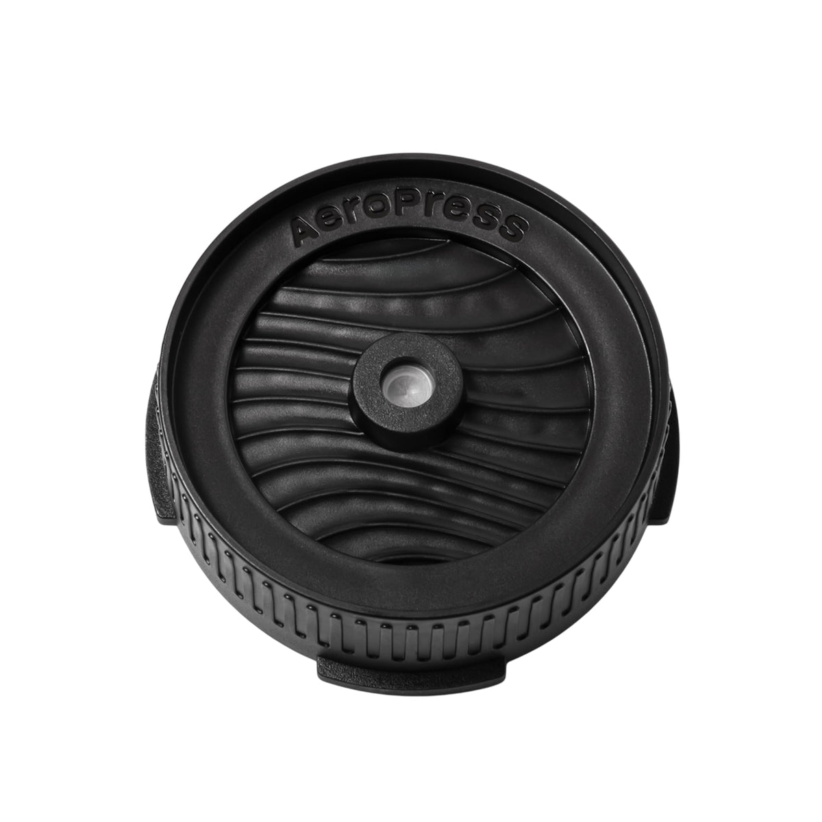 AeroPress tapa Flow Control vista frontal que muestra ajuste seguro y facilidad