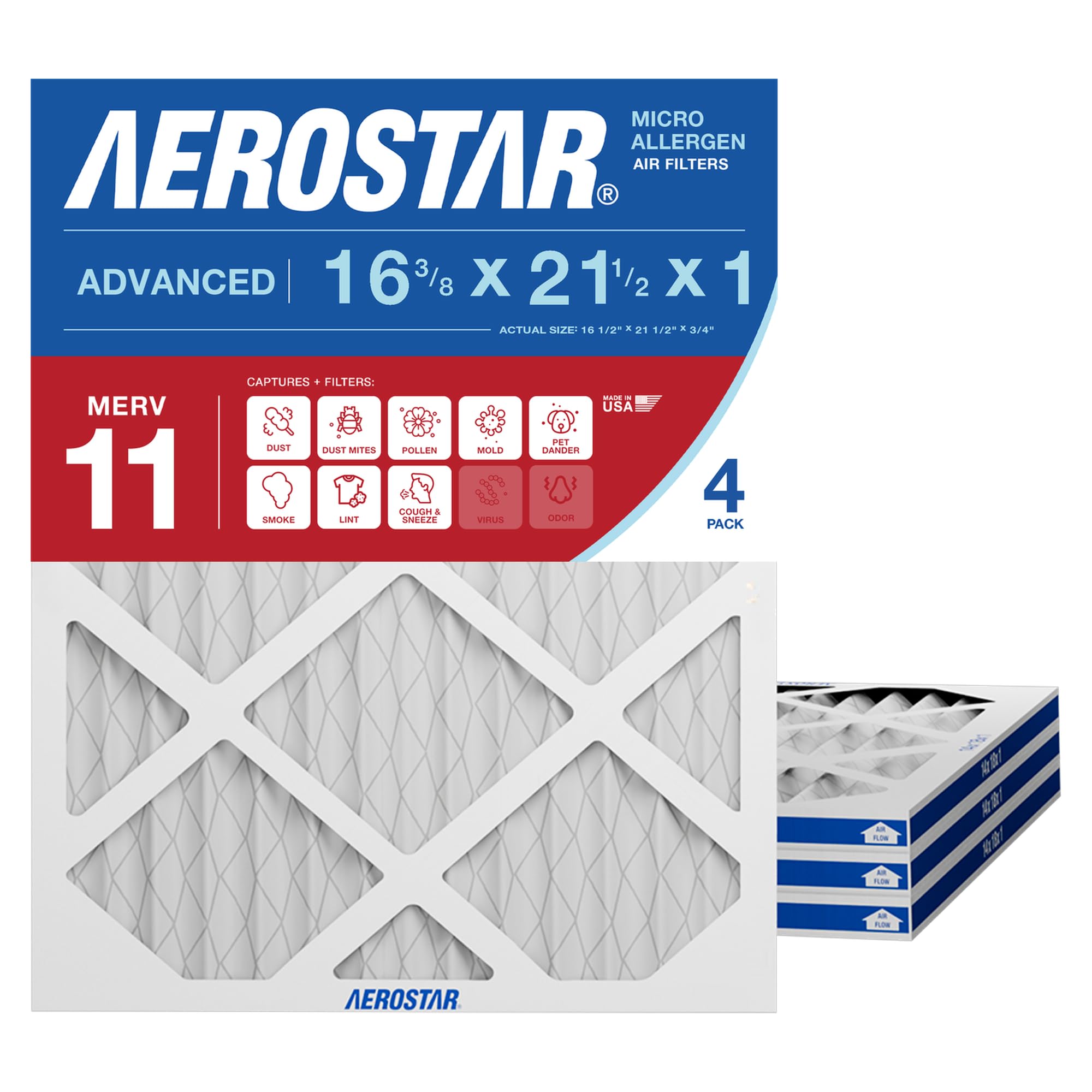 Aerostar vista frontal del paquete de 4 filtros, mejora la calidad del aire