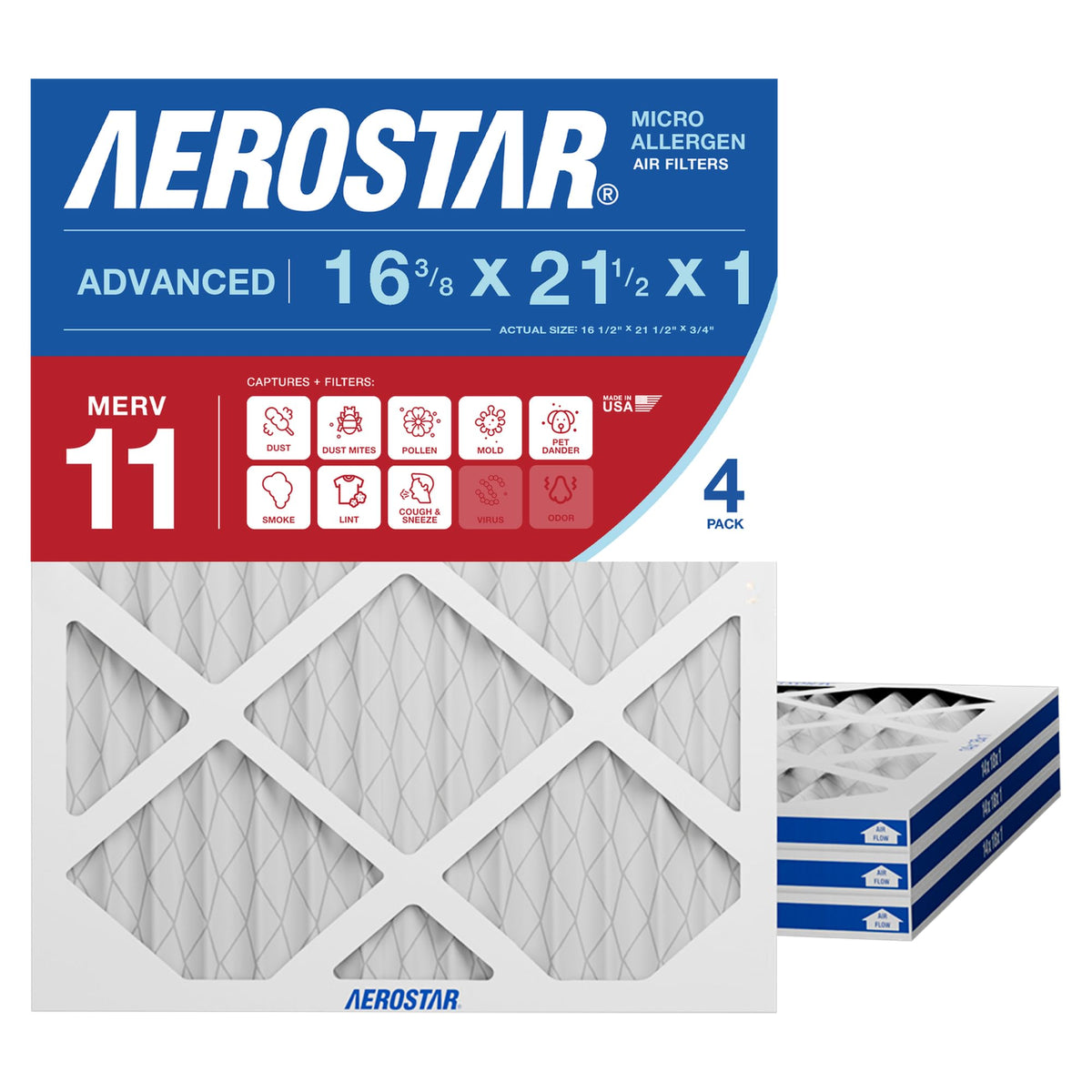 Aerostar vista frontal del paquete de 4 filtros, mejora la calidad del aire