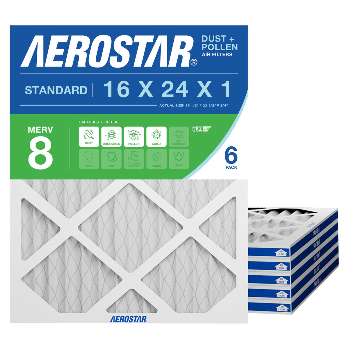 Aerostar frontal del empaque mostrando el paquete de seis y beneficio de reposición