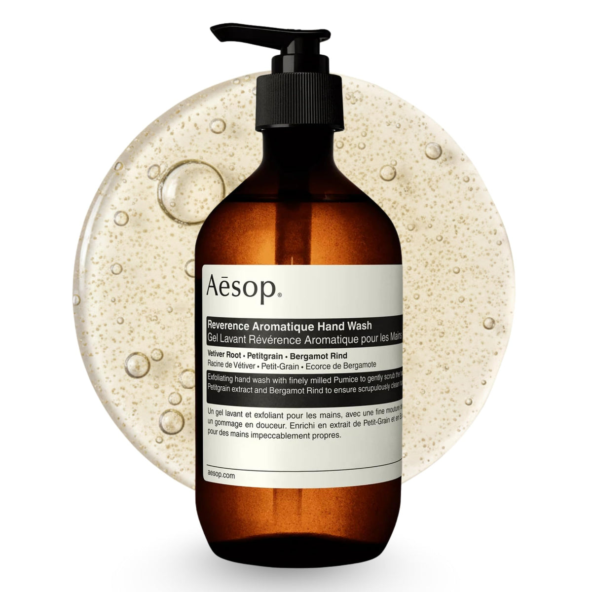 Aesop botellas frente mostrando diseño y volumen 500 mL para uso prolongado