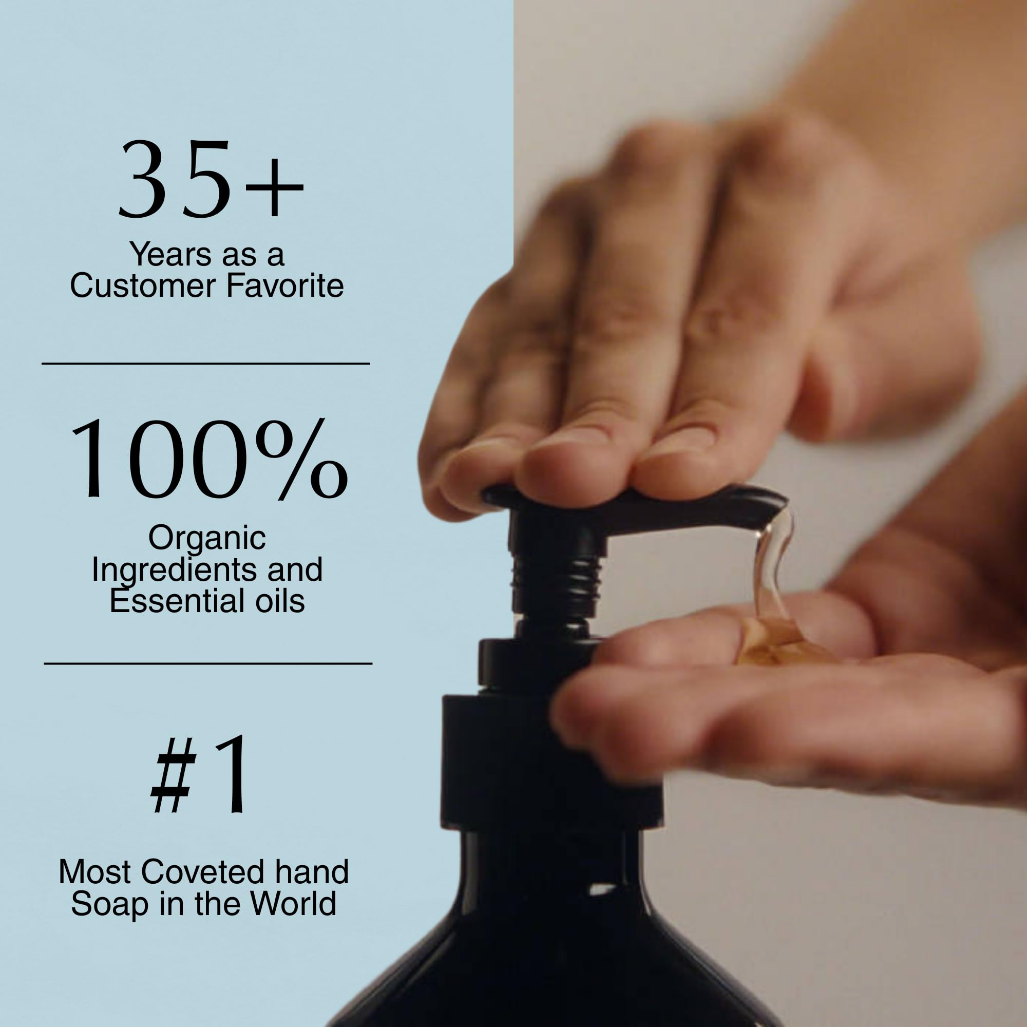 Aesop dispenser aplicando producto en manos para limpieza y sensación renovada