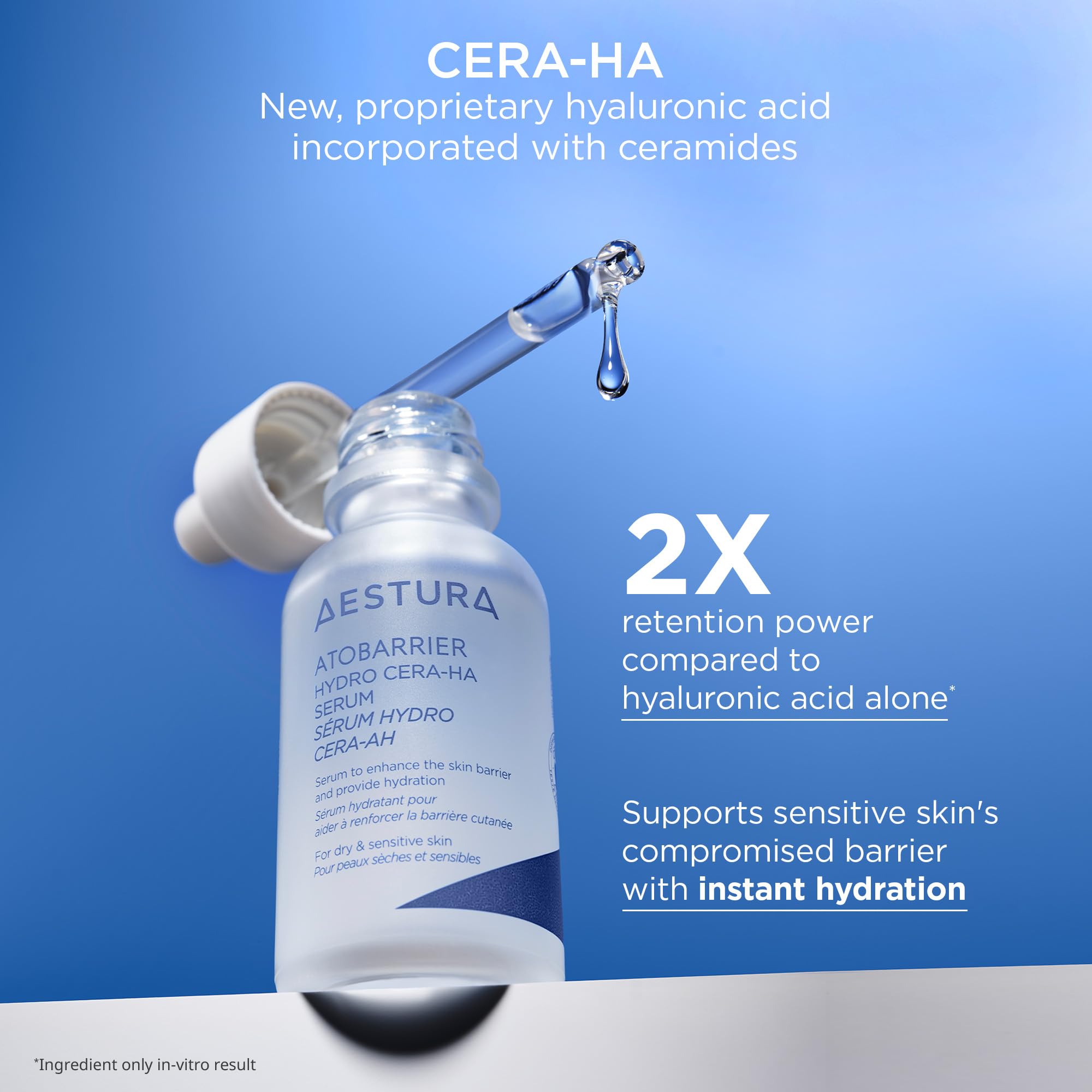 AESTURA gotas de sérum en la mano, cantidad recomendada para rostro y cuello