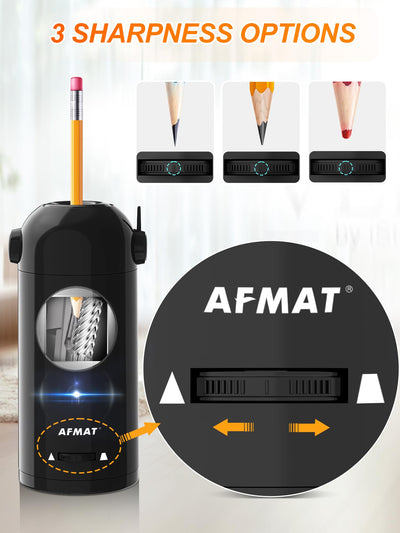 AFMAT PSX5 in use sharpening a colored pencil offering fast, hands-free sharpening