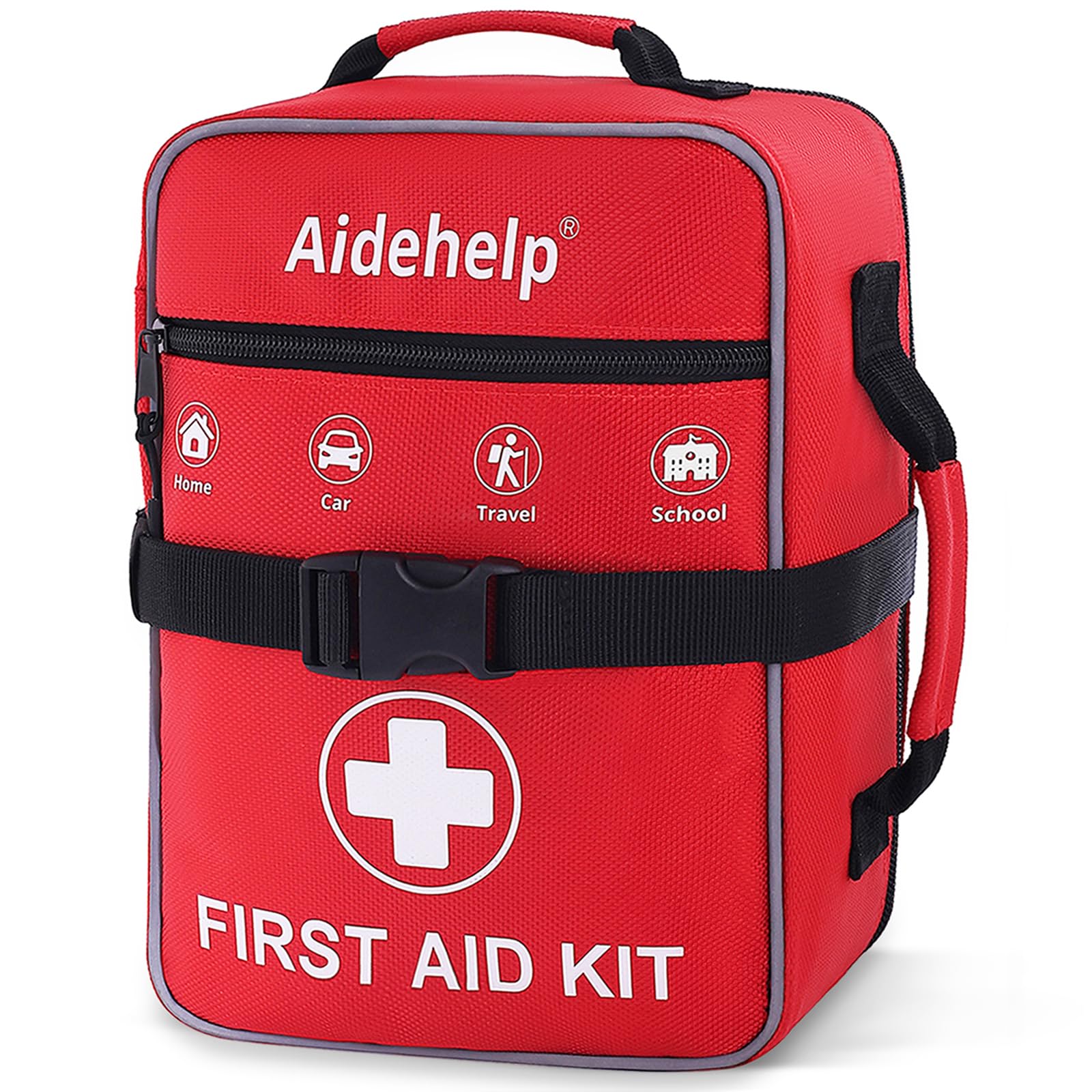 Aidehelp estuche frontal rojo mostrando cierre resistente y fácil acceso
