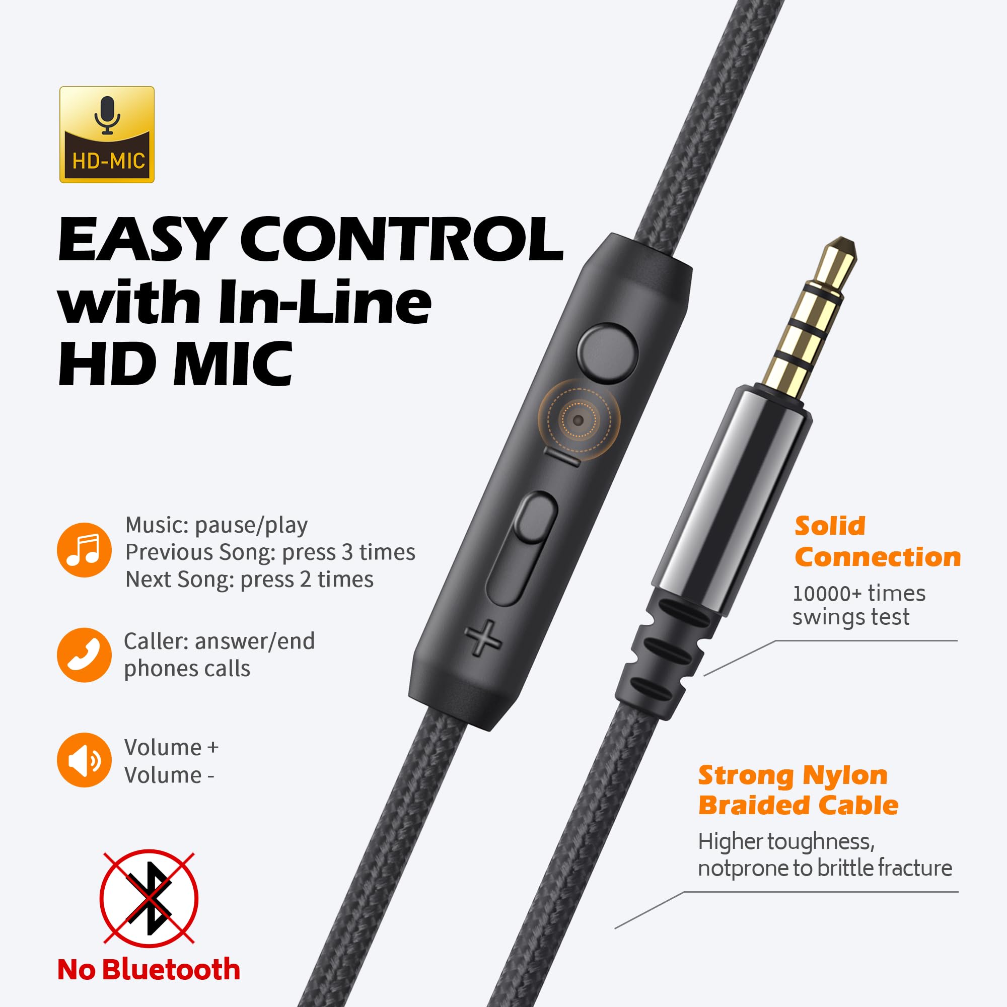 AILIHEN C8 inline mic and remote close-up showing controls for hands-free calls and playback