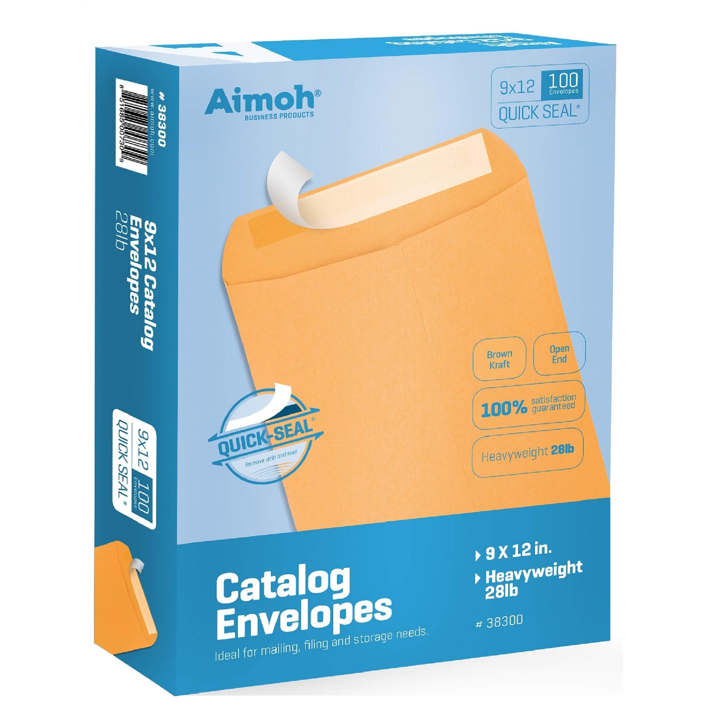 Aimoh front view of 9x12 box showing 100 envelopes and packaging benefit
