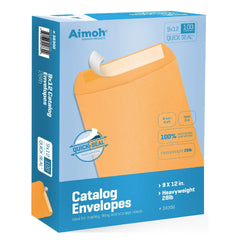 Aimoh front view of 9x12 box showing 100 envelopes and packaging benefit