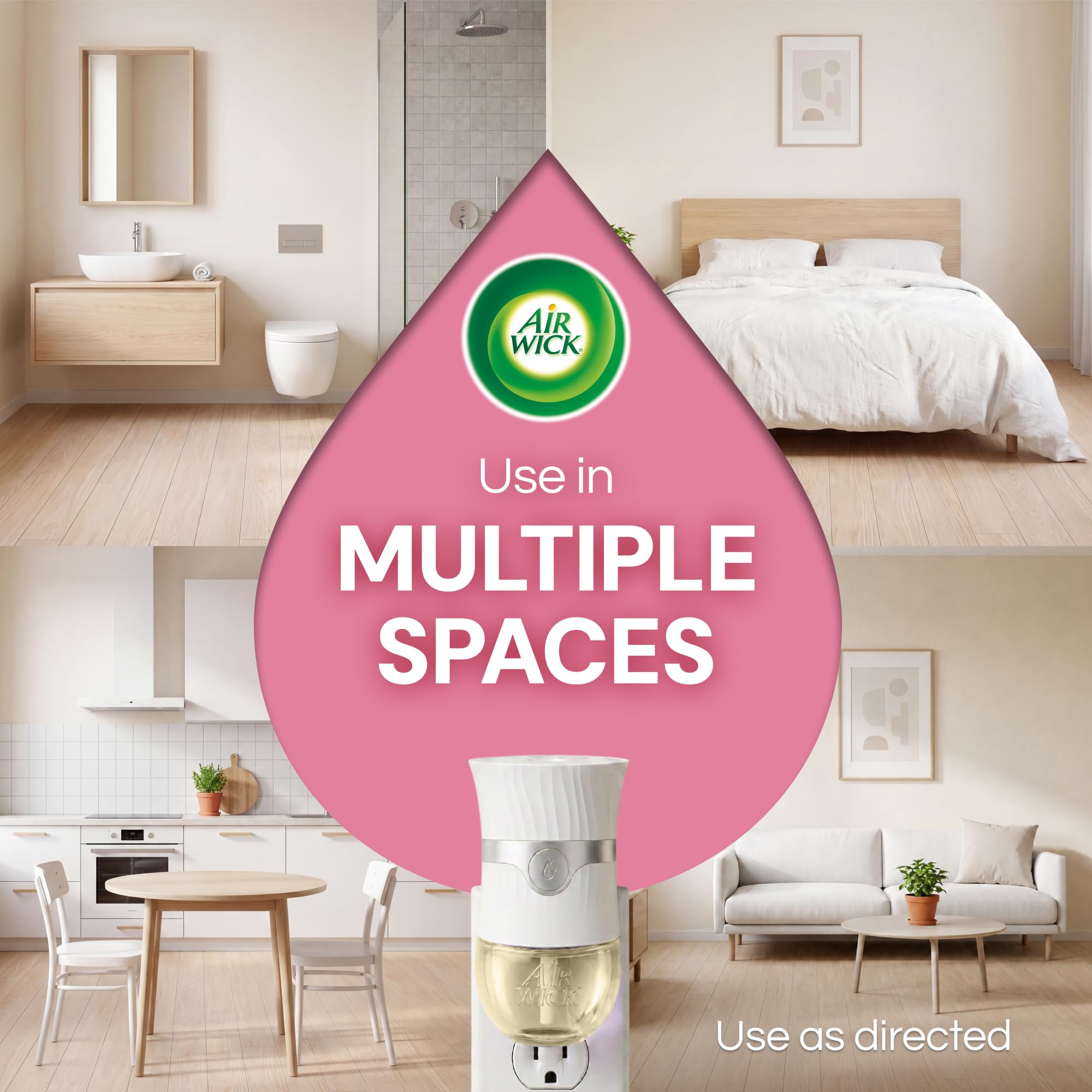 Air Wick difusión 360° representada en habitación para cobertura uniforme