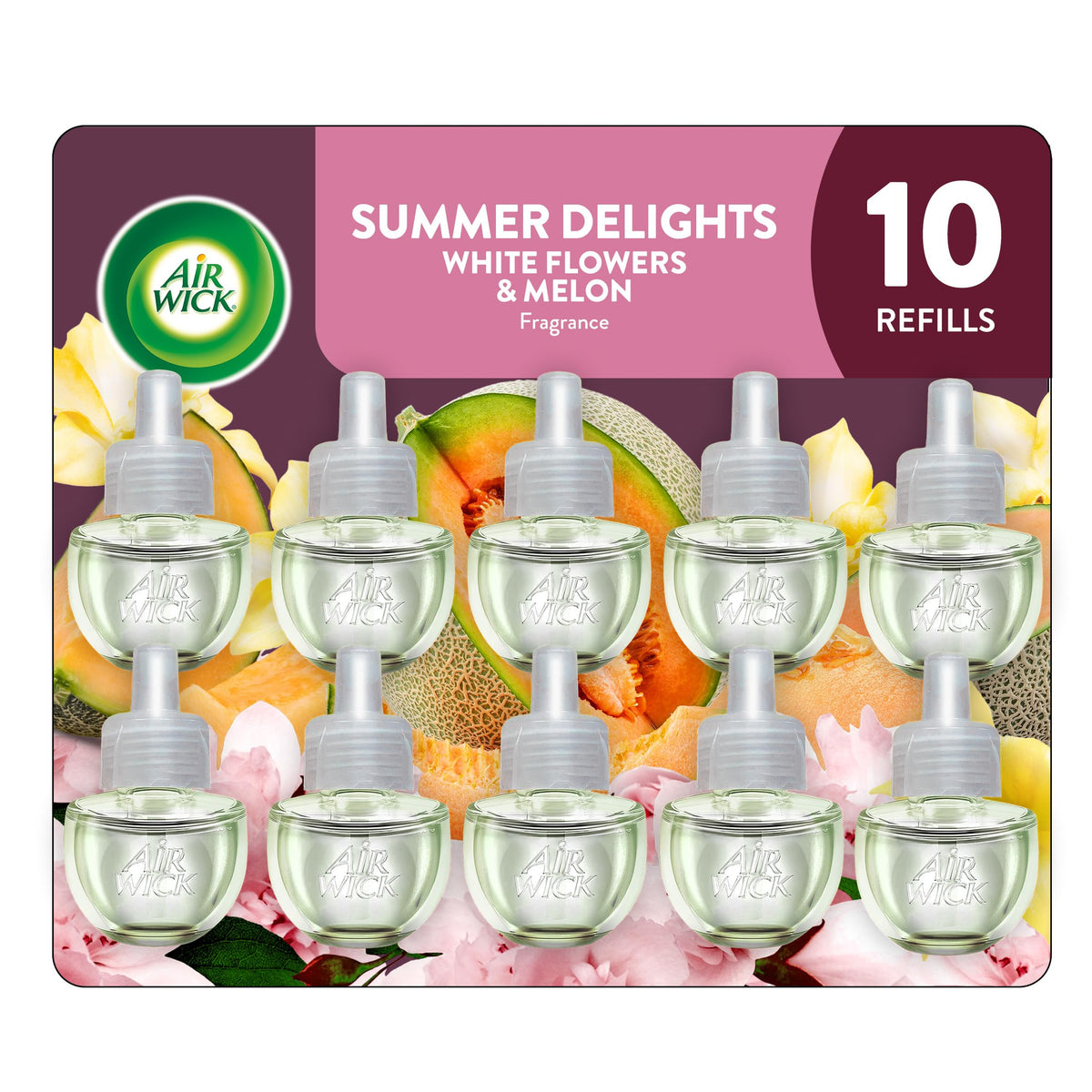 Air Wick frontal del empaque Summer Delights, muestra beneficios aromáticos