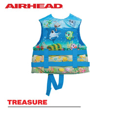 AIRHEAD niño usando chaleco en piscina con asa visible, fácil retirada y supervisión