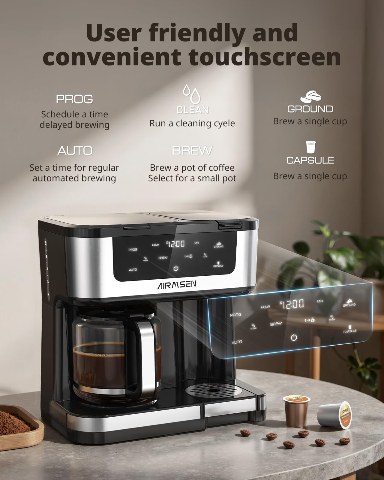 AIRMSEN 15oz single-serve reservoir visible for fast cup-sized fills
