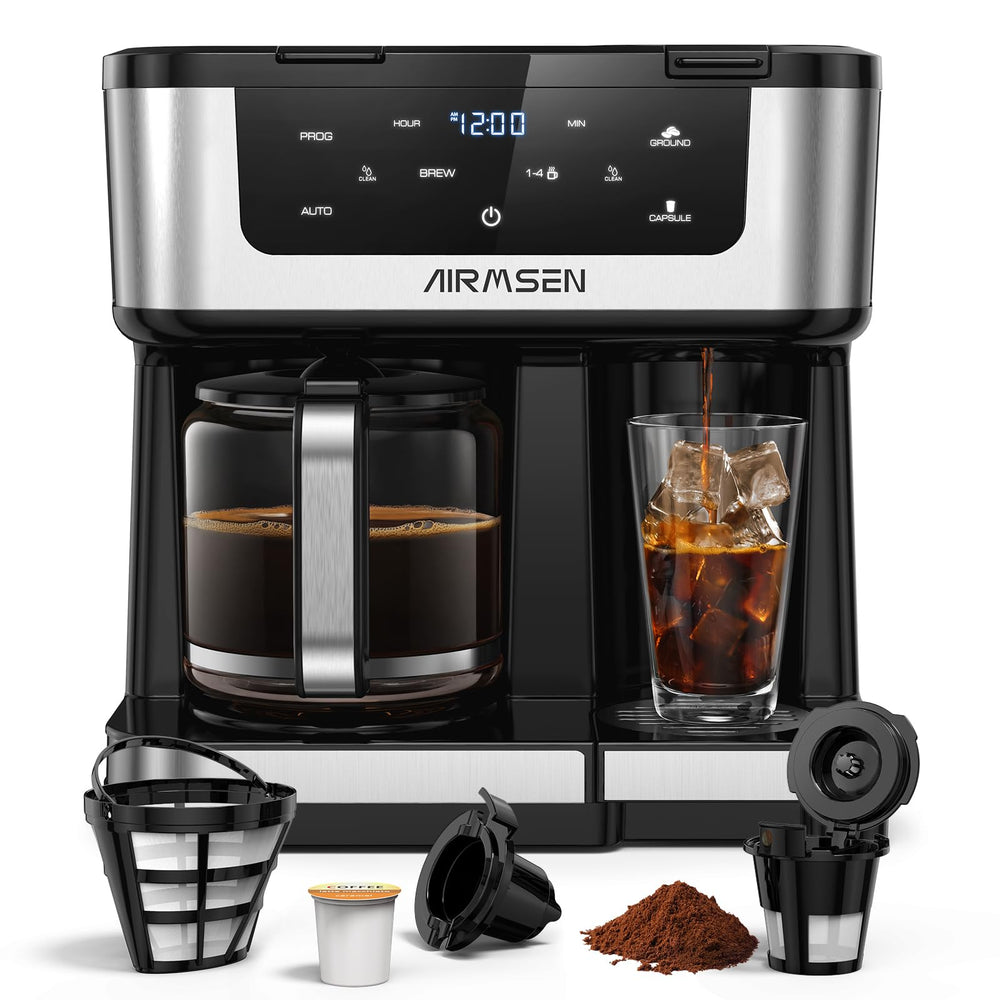 AIRMSEN front view showing dual brewer and glass carafe, saves countertop space