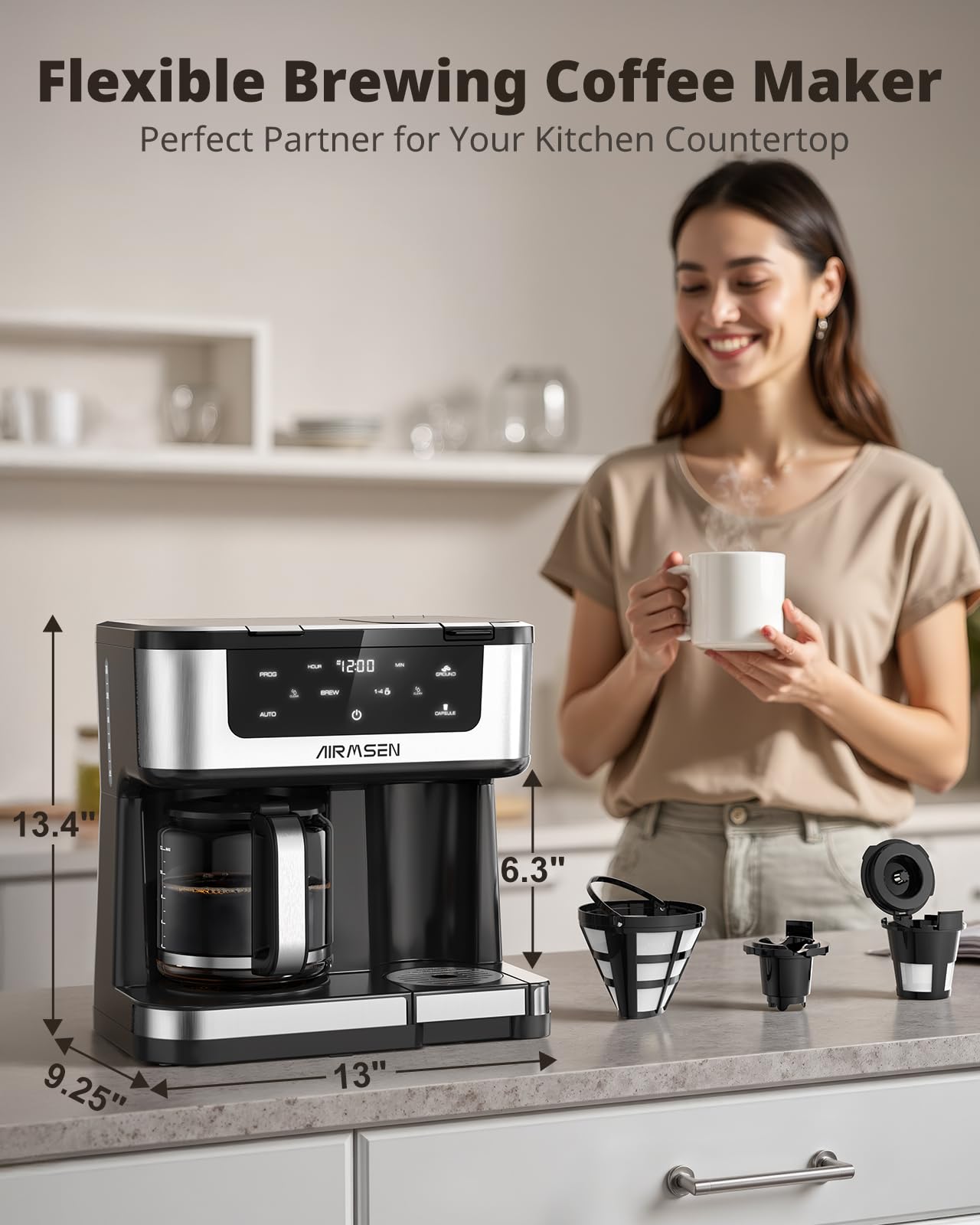 AIRMSEN single-serve K-Cup slot open with pod, offers quick pod brewing