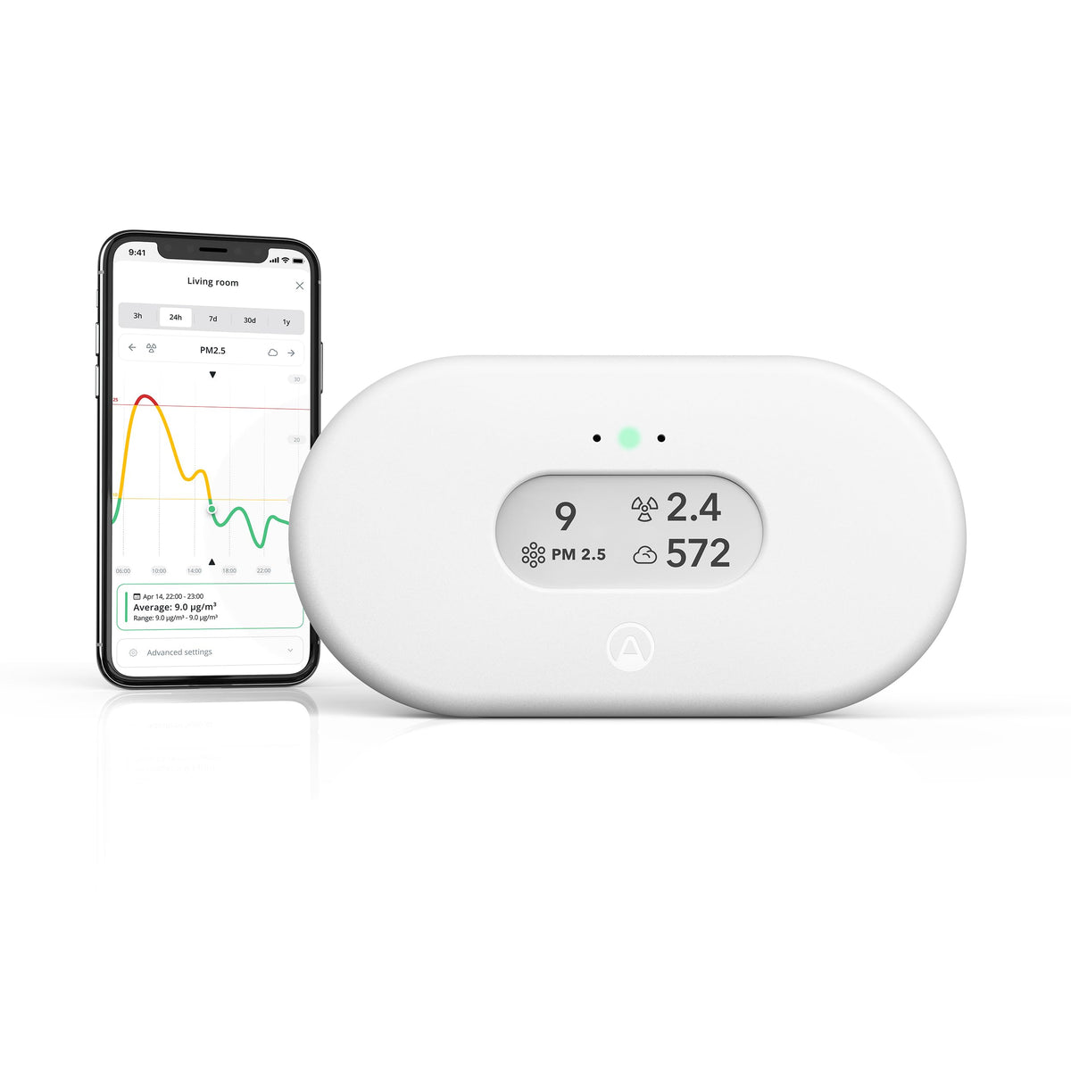 Airthings View Plus front display showing clear readings and easy monitoring benefit