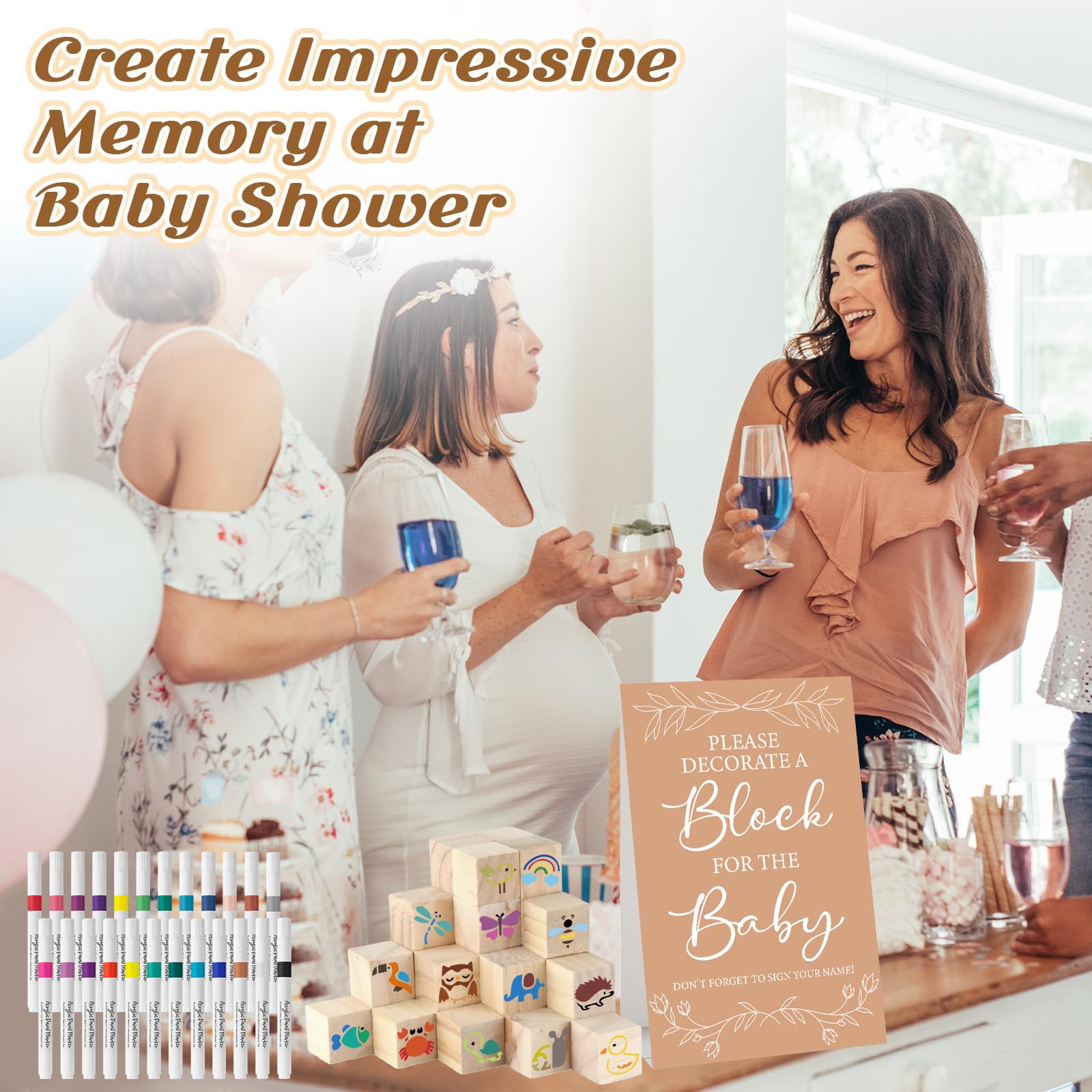 Aisharery escena de baby shower con invitados usando el kit divertido