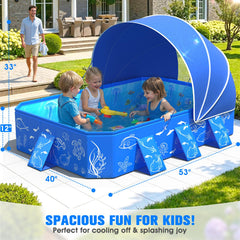 AixPool niños jugando en jardín bajo el toldo, disfrute seguro