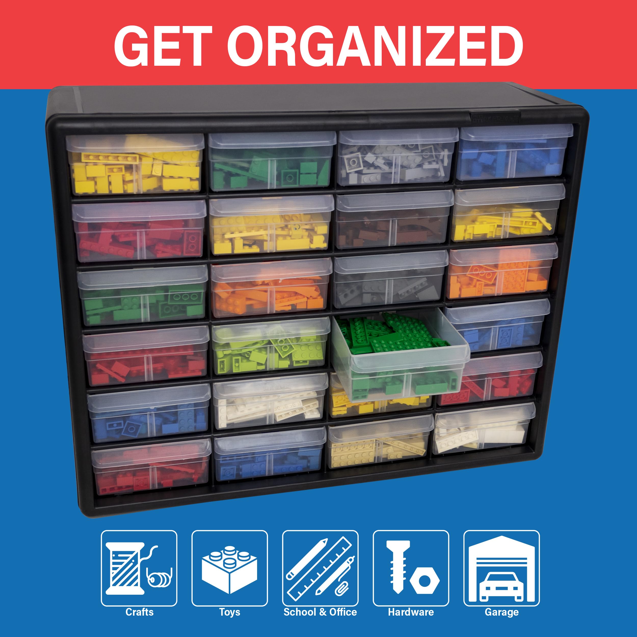 Akro-Mils open drawer filled with screws demonstrating tidy parts organization benefit