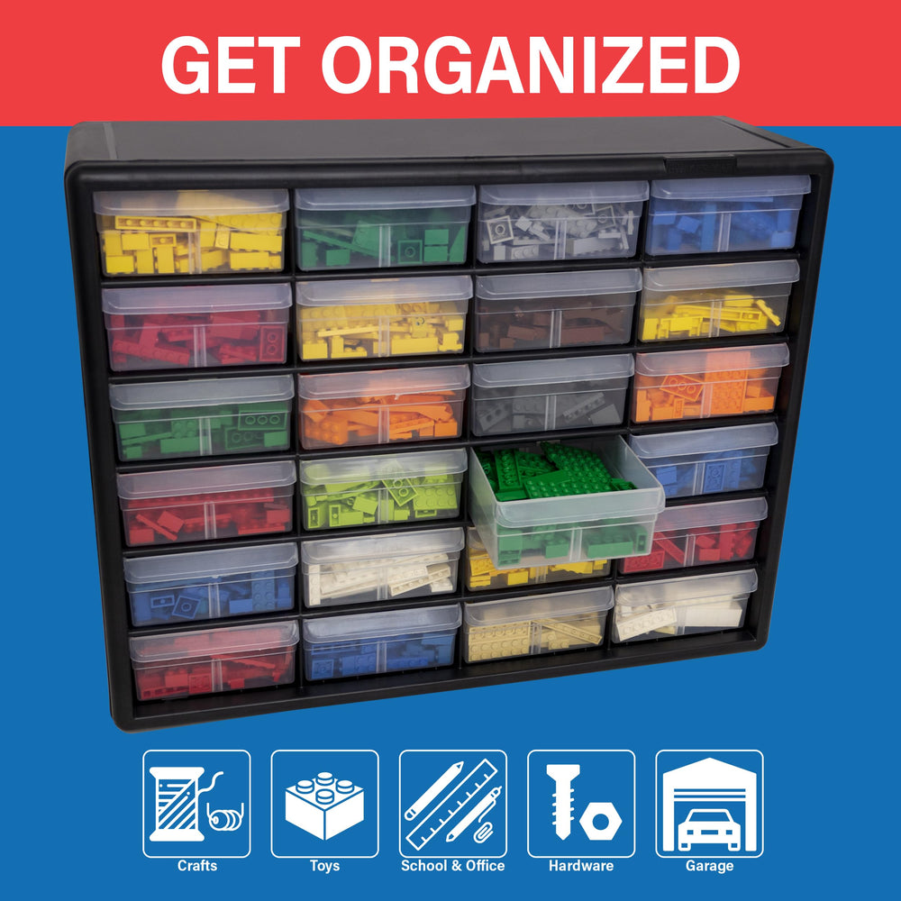 Akro-Mils open drawer filled with screws demonstrating tidy parts organization benefit