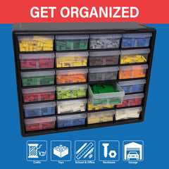 Akro-Mils open drawer filled with screws demonstrating tidy parts organization benefit