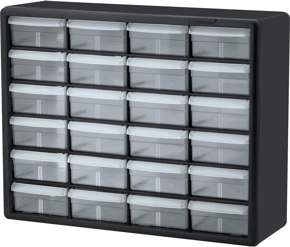 Akro-Mils front view 24-drawer cabinet showing organized storage and durability