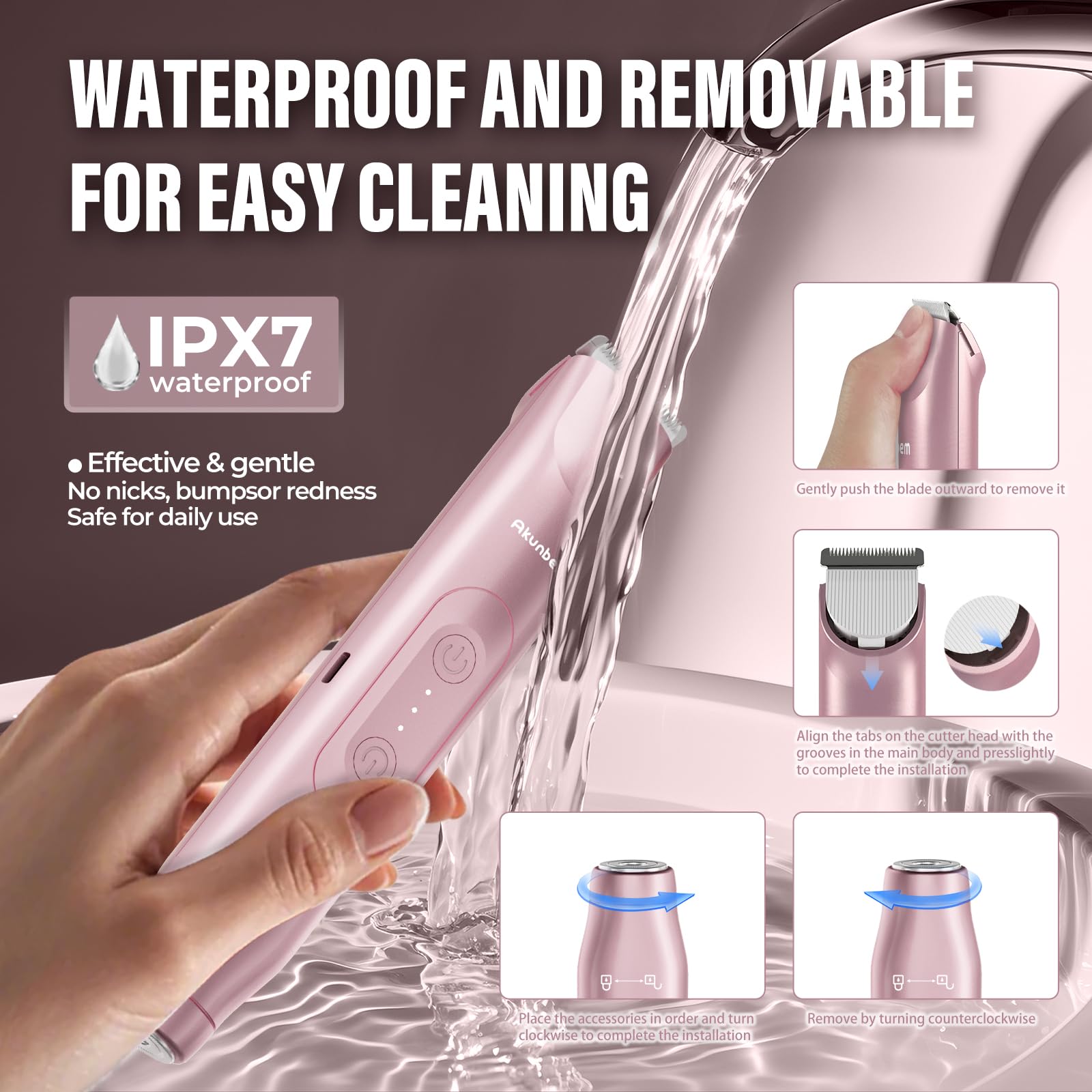 Akunbem enjuague bajo agua demostrando limpieza fácil IPX7