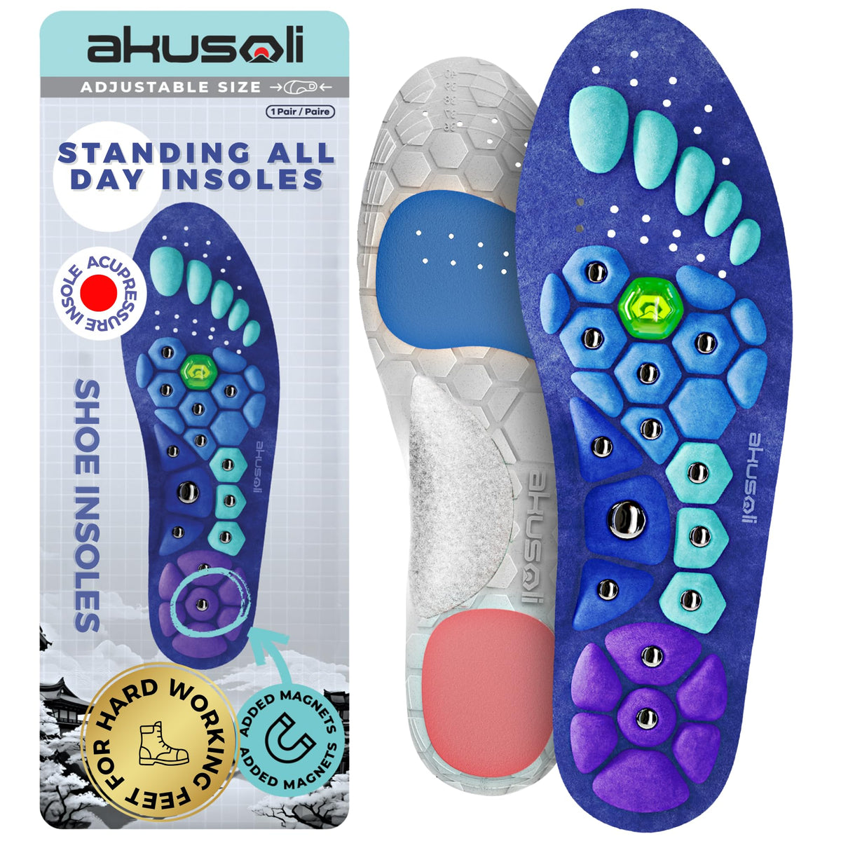 Akusoli empaque frontal mostrando plantillas y beneficio confort