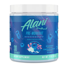Alani Nu frasco frontal del preentreno BREEZEBERRY mostrando el diseño y sabor
