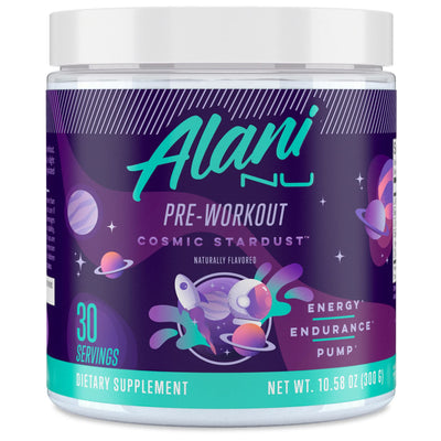 Alani Nu jar front view showing Cosmic Stardust flavor and benefits
