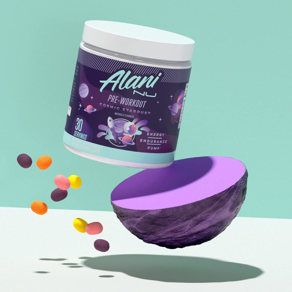 Alani Nu serving size beside a water bottle illustrating portion scale